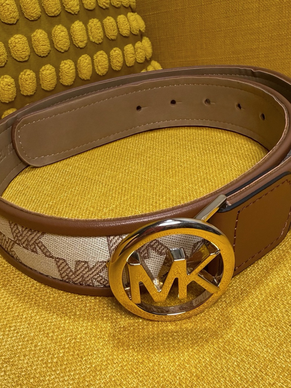 Michael Kors Brown Canvas & Leather MK Logo Belt with Gold Buckle